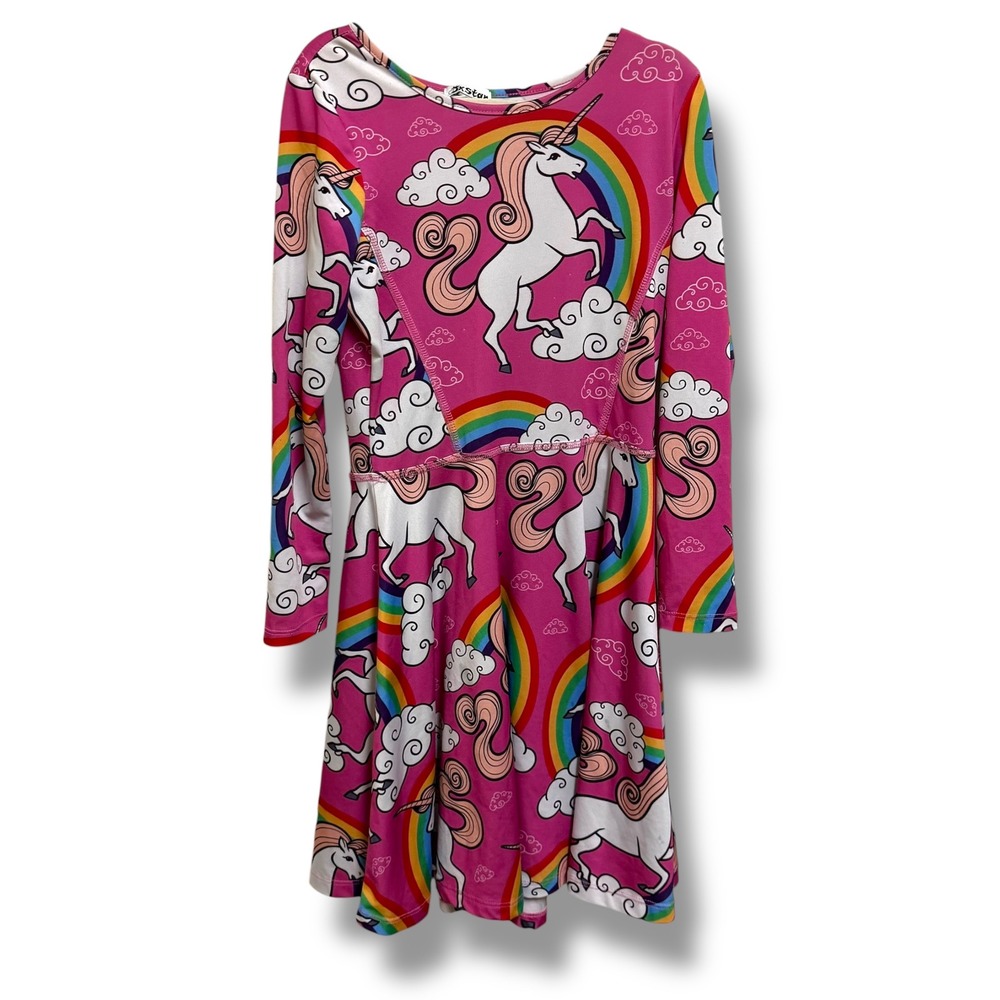 Jxstar‎ Girls Pink Unicorn Rainbow Long Sleeve Skater Dress Size 10-11Y 150